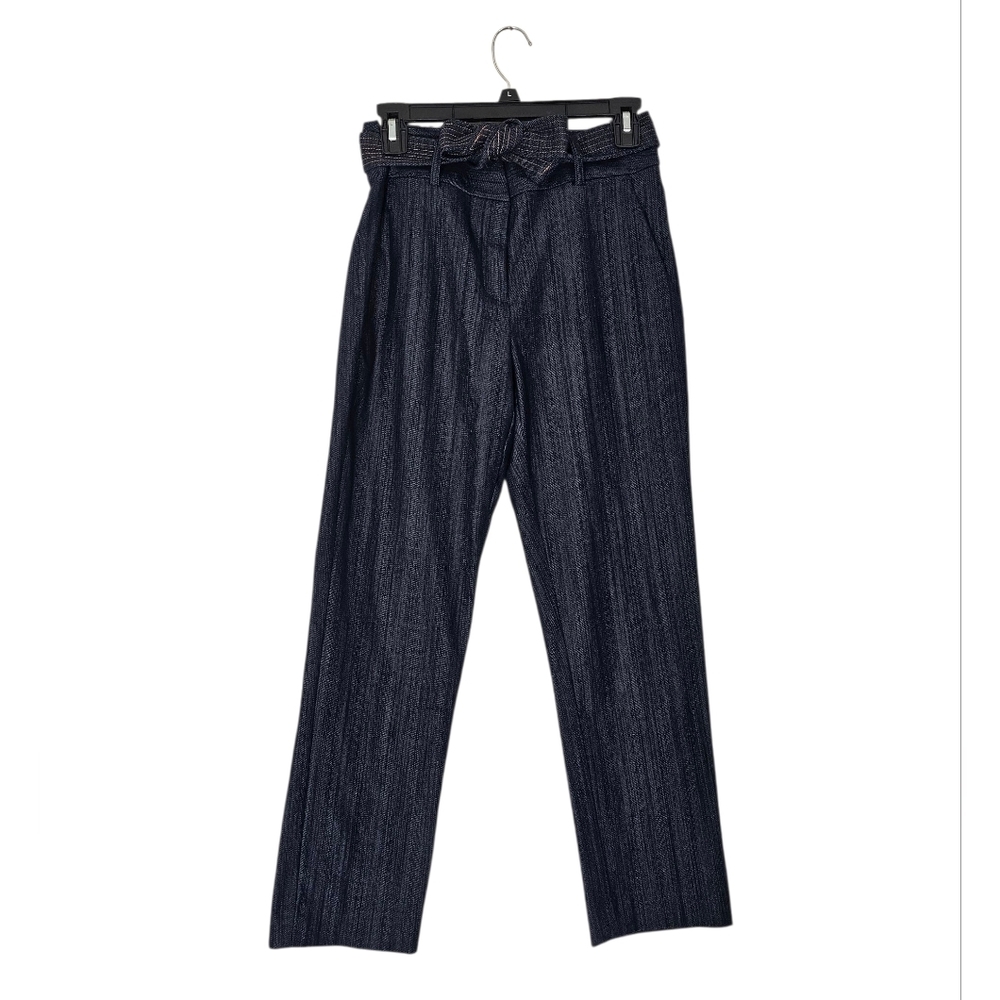 DKNY High Waisted Belted Paperbag Straight Leg Denin Blue Pant Pinstripe 2 - Picture 2 of 9